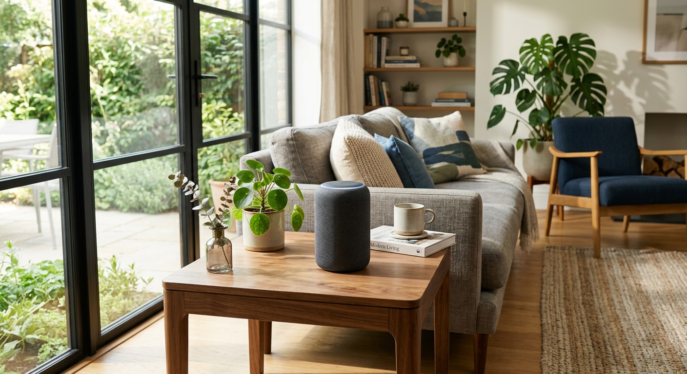 Modern living room with a sleek smart speaker on a wooden table, bathed in natural sunlight, with neutral tones and plant accents.